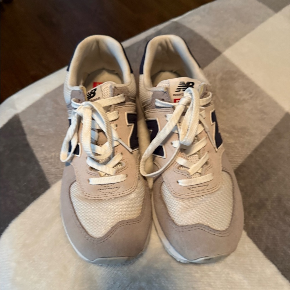 New Balance 574 Cream and Navy Sneakers